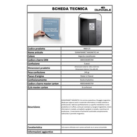 Cornici con pannello magnetico Durable DURAFRAME® MAGNETIC A4 PPL rigido argento met. 236x323 mm conf. 5 - 486923